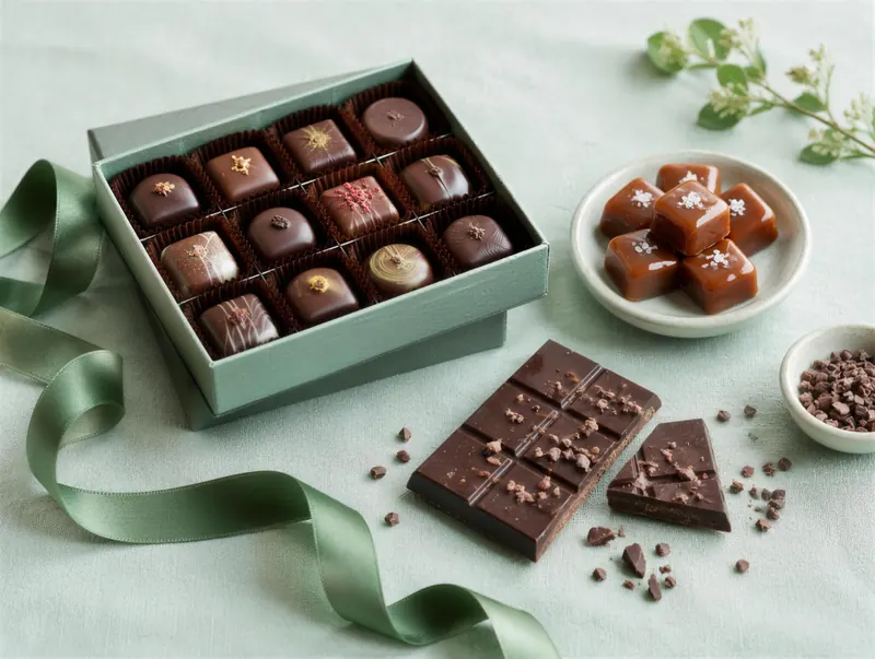 A gift box of chocolates with a dark chocolate bar and a dish of caramels