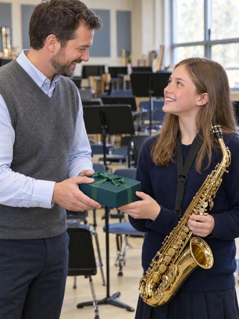 A music teacher hands a fundraiser order to a smiling student holding her saxophone