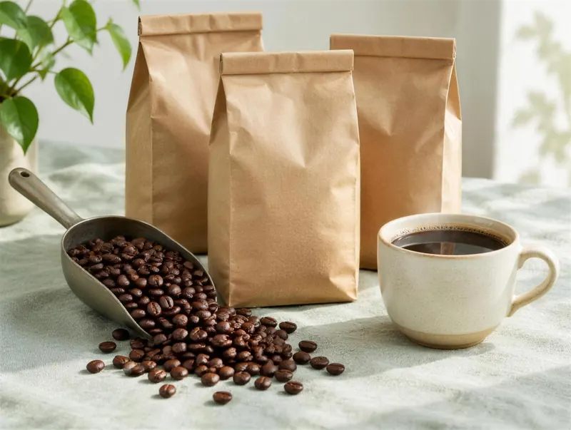Bags of small-batch coffee beside a scoop of beans and a cup of black coffee