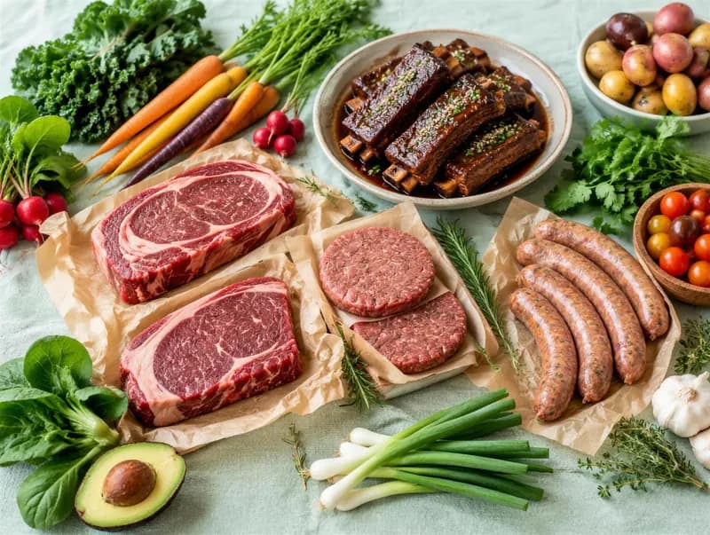 Steaks, ground beef, sausages and ribs with fresh vegetables from a local farm