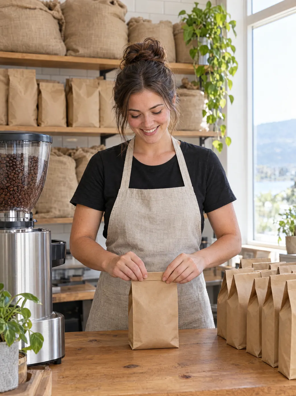 A coffee roaster smiles while sealing a fresh bag of coffee in her shop